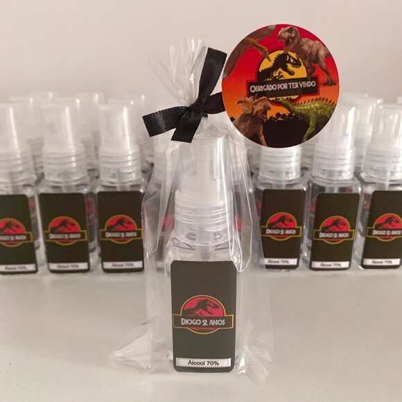 Álcool 70% Spray Lembrancinha aniversário Jurassic Park