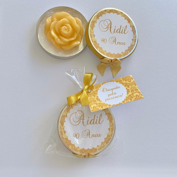 Lembrancinha 90 Anos latinha sabonete de rosa dourado