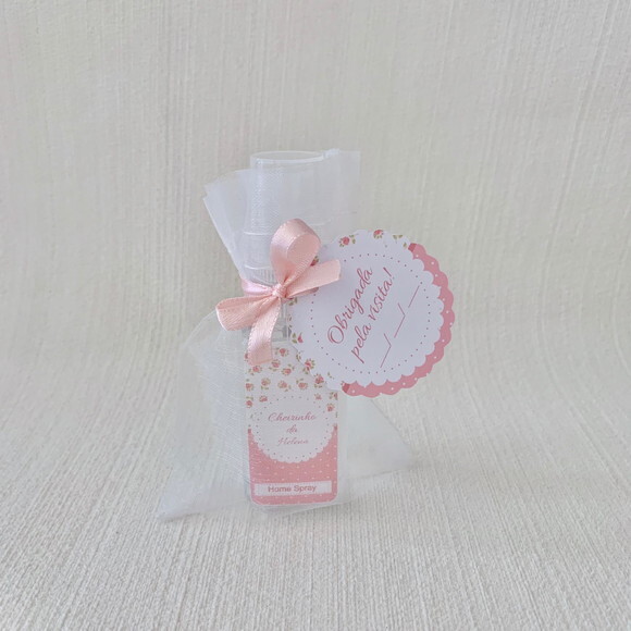 Lembrancinha Maternidade Home Spray floral rosa Organza