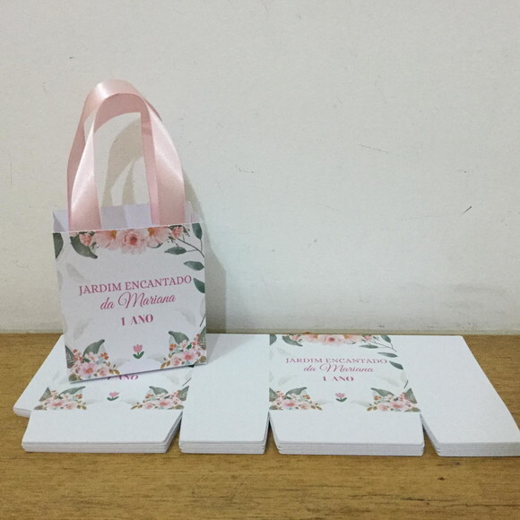 Sacolinha 10x7cm Personalizada Jardim Flores Rosa