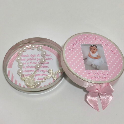Lembrancinha Batizado foto com mini terço