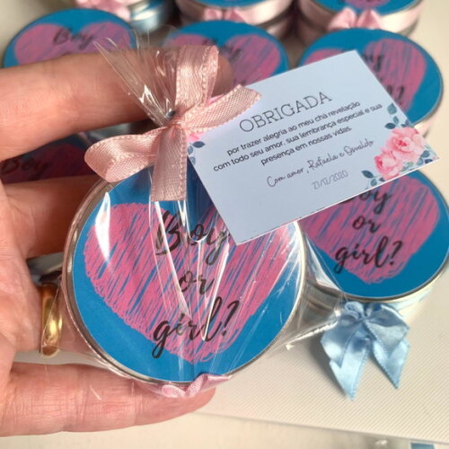 Lembrancinha chá Revelação sexo do bebê Vela Aromática