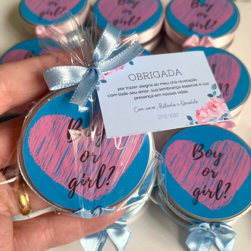 Lembrancinha chá Revelação sexo do bebê Vela Aromática