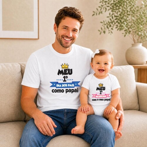 Kit Camiseta Primeiro Dia dos Pais Coroa Adulto Infantil Algodão