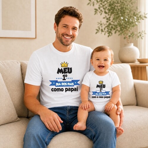 Kit Camiseta Primeiro Dia dos Pais Coroa Adulto Infantil Algodão