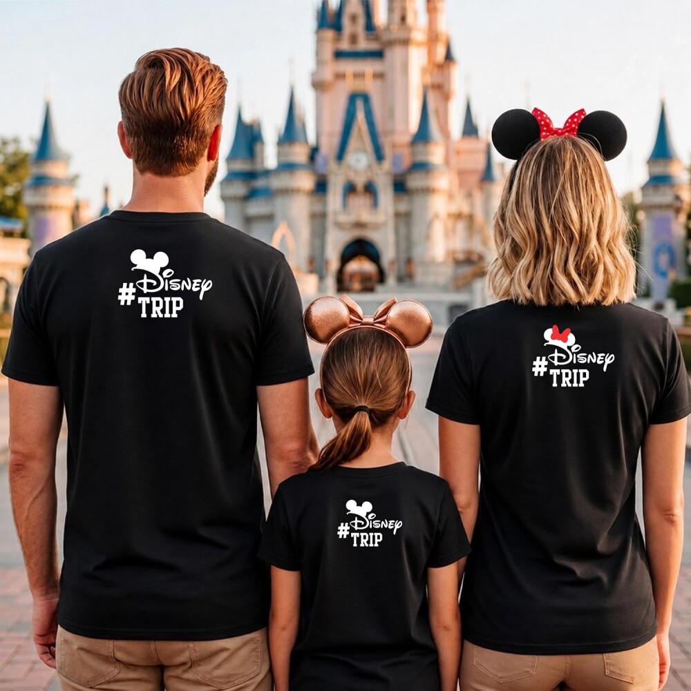 Kit Camiseta Disney Trip Bolsinho Hashtag Minnie Mickey Algodão