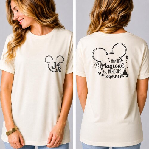 Kit Camiseta Viagem Disney Memories Mickey Minnie com Inicial do Nome Magic Kingdom Algodão