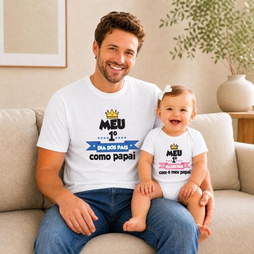 Kit Camiseta Primeiro Dia dos Pais Coroa Adulto Infantil Algodão