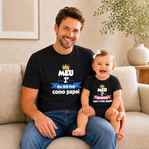 Kit Camiseta Primeiro Dia dos Pais Coroa Adulto Infantil Algodão