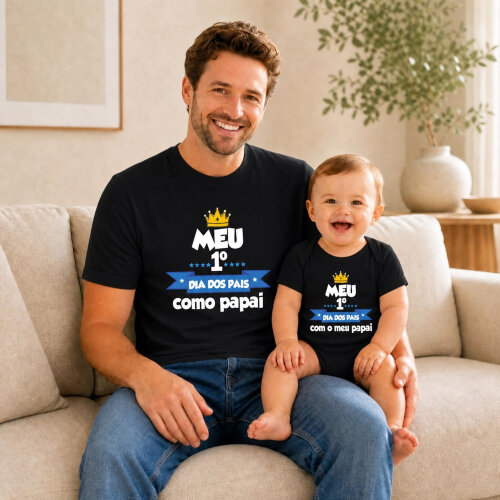 Kit Camiseta Primeiro Dia dos Pais Coroa Adulto Infantil Algodão