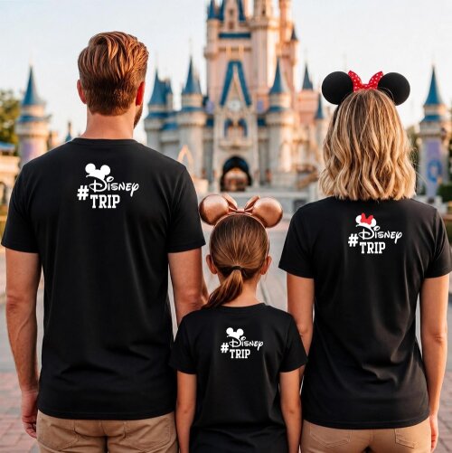 Kit Camiseta Disney Trip Bolsinho Hashtag Minnie Mickey Algodão