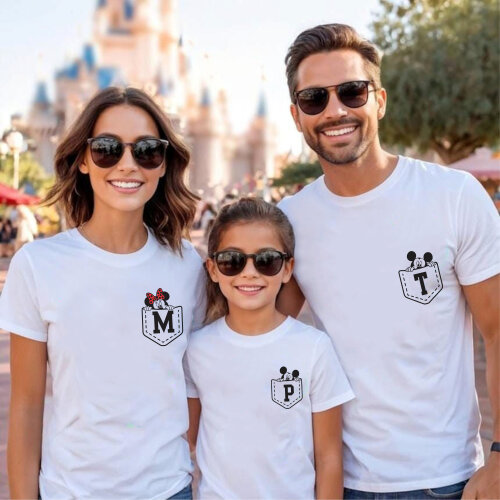 Kit Camiseta Disney Trip Bolsinho Hashtag Minnie Mickey Algodão