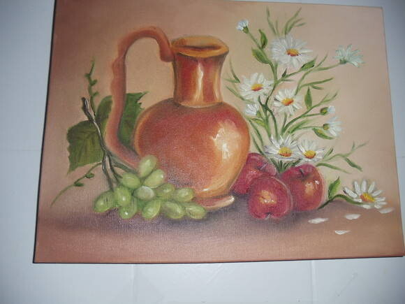 Pintura em Tela Jarro com Flores e Fruta