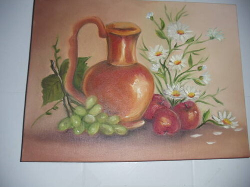 Pintura em Tela Jarro com Flores e Fruta