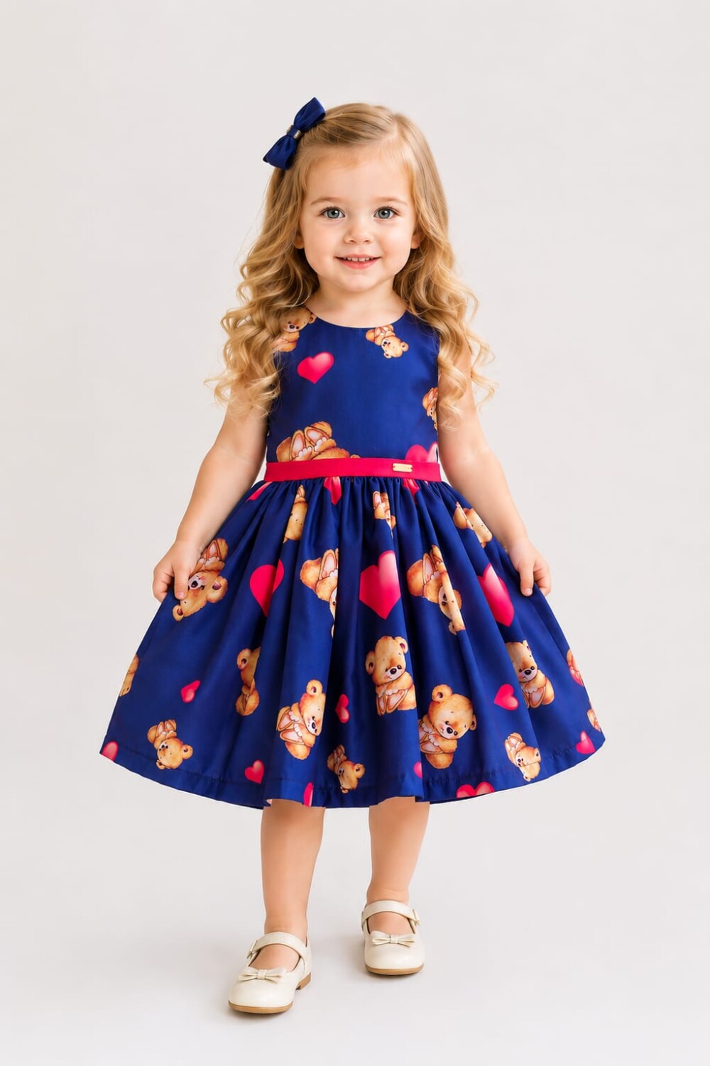 Vestido Infantil Urso de Pelúcia com Corações