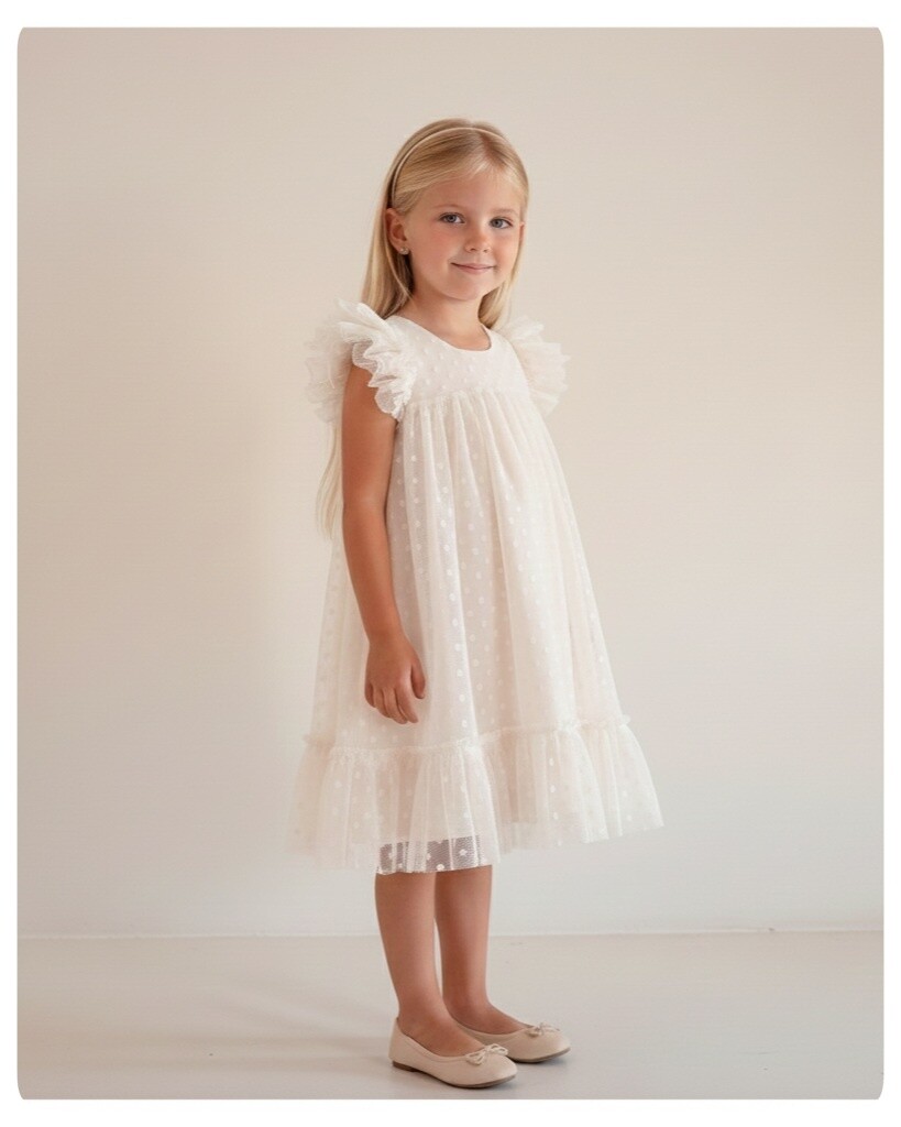 Vestido Sofia em Tule Off White com Babados para Crianças