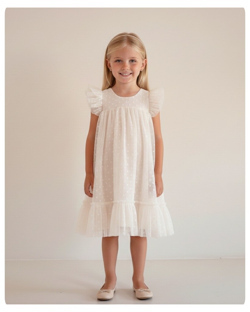Vestido Sofia em Tule Off White com Babados para Crianças