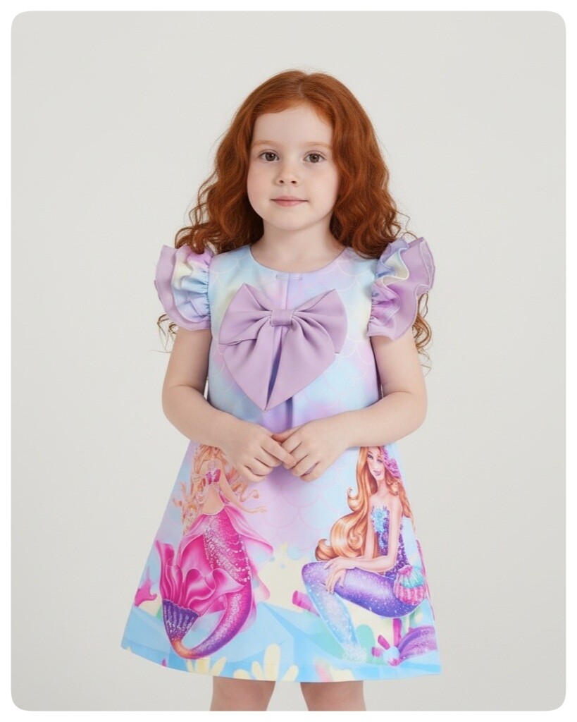 Vestido Infantil Barbie Sereia em Oxfordine com Acabamento Fino