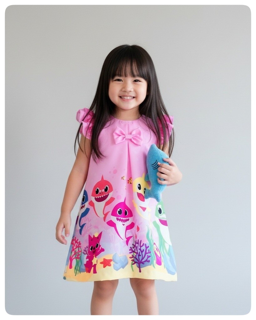 Vestido Infantil Baby Shark Rosa com Alta-costura e Acabamento Fi