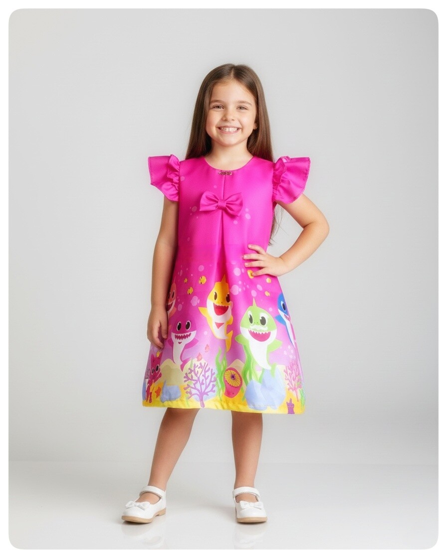 Vestido Infantil Baby Shark Pink com Acabamento Fino