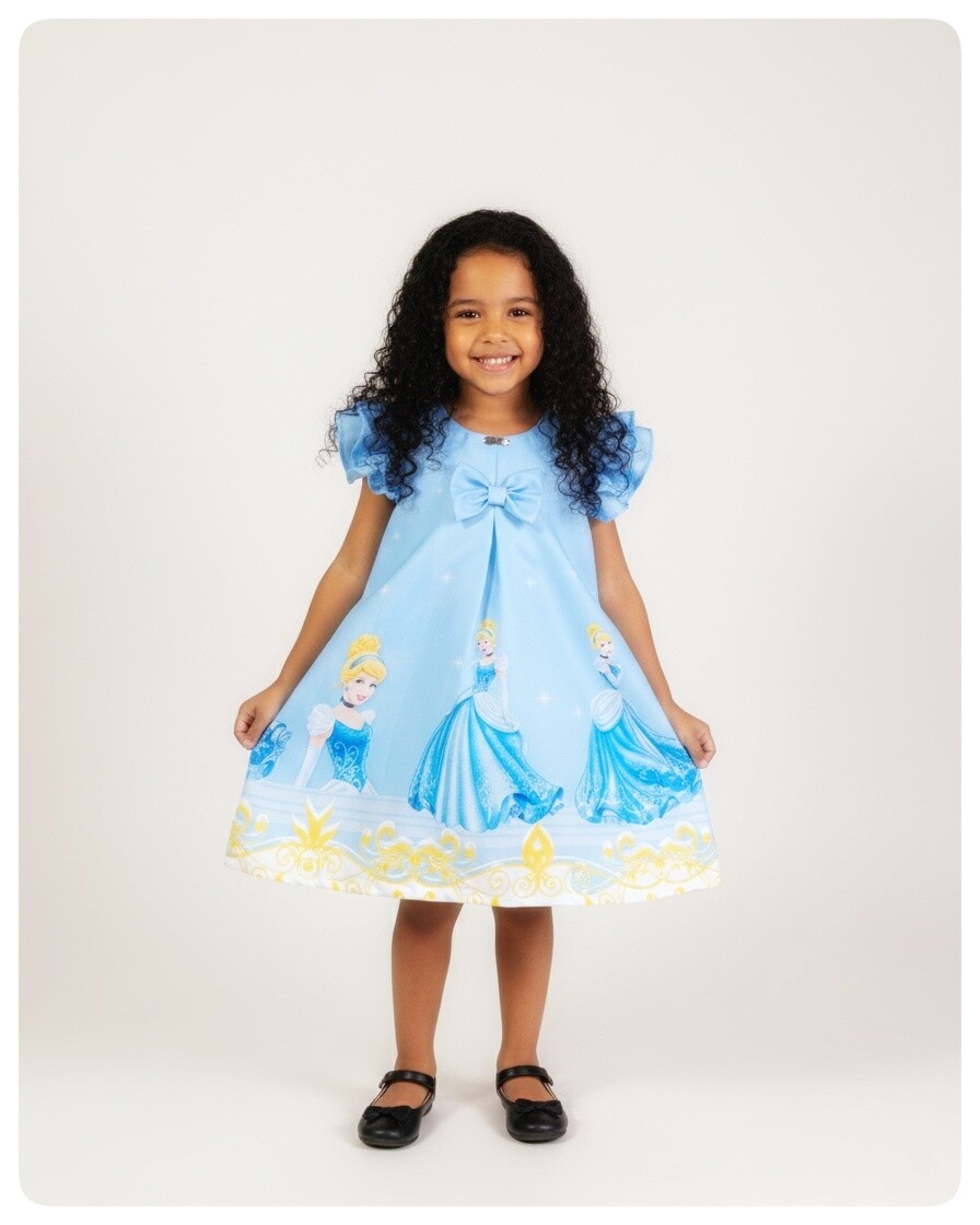 Vestido Infantil Trapézio Cinderela Azul com Alta Costura