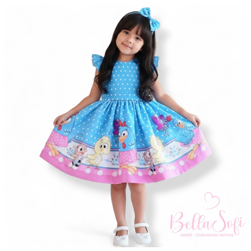 Vestido Infantil Galinha Pintadinha Azul Poá - Festa e Conforto