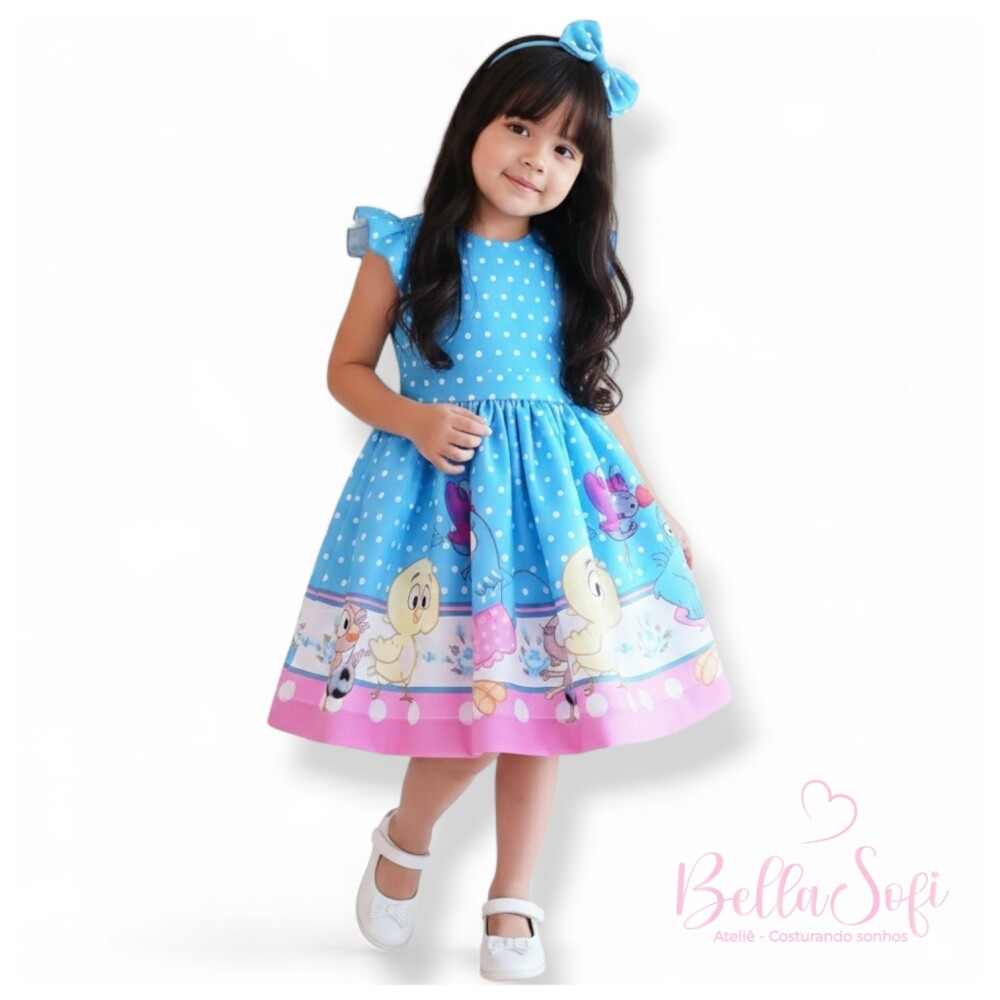 Vestido Infantil Galinha Pintadinha Azul Poá - Festa e Conforto