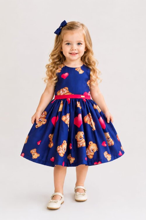 Vestido Infantil Urso de Pelúcia com Corações
