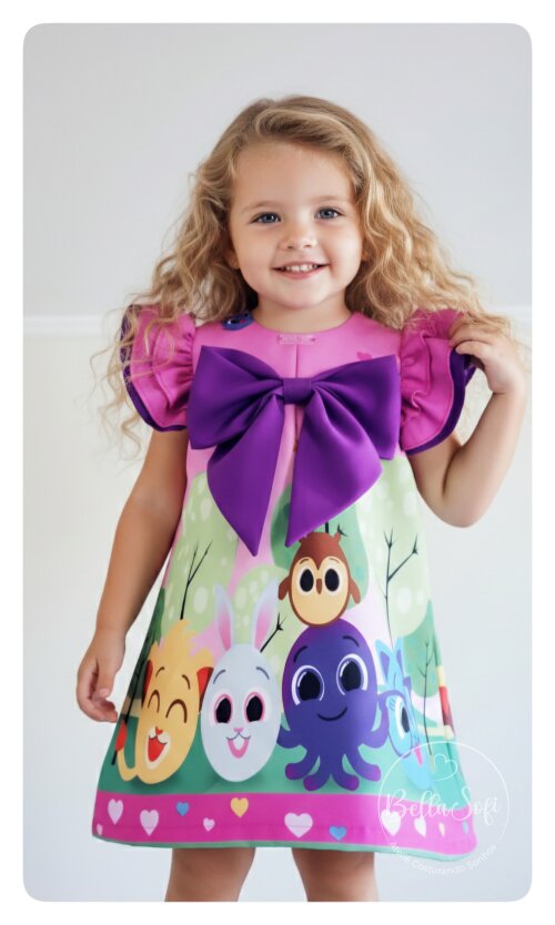 Vestido Temático Bolofofos Rosa com Roxo