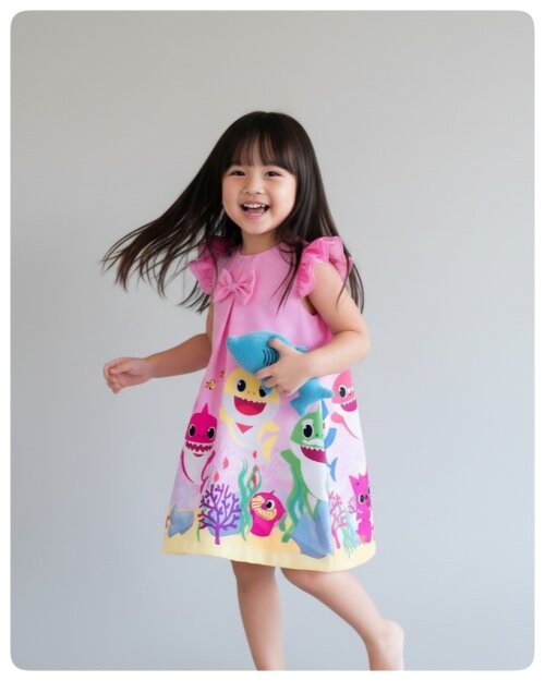 Vestido Infantil Baby Shark Rosa com Alta-costura e Acabamento Fi