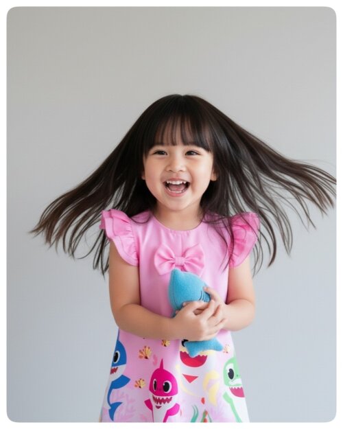 Vestido Infantil Baby Shark Rosa com Alta-costura e Acabamento Fi