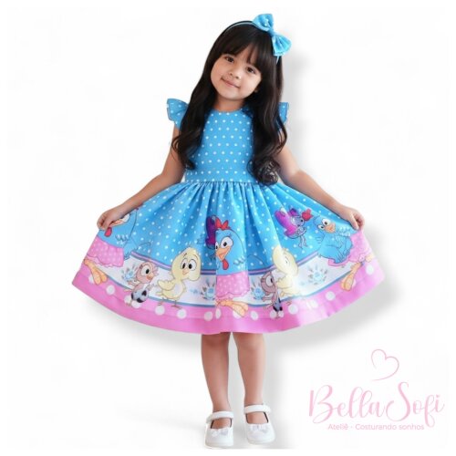 Vestido Infantil Galinha Pintadinha Azul Poá - Festa e Conforto