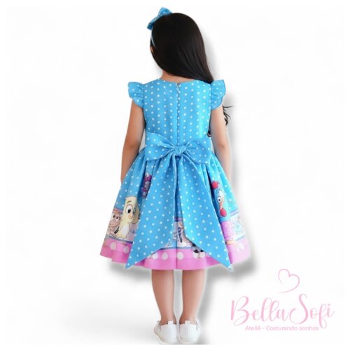Vestido Infantil Galinha Pintadinha Azul Poá - Festa e Conforto