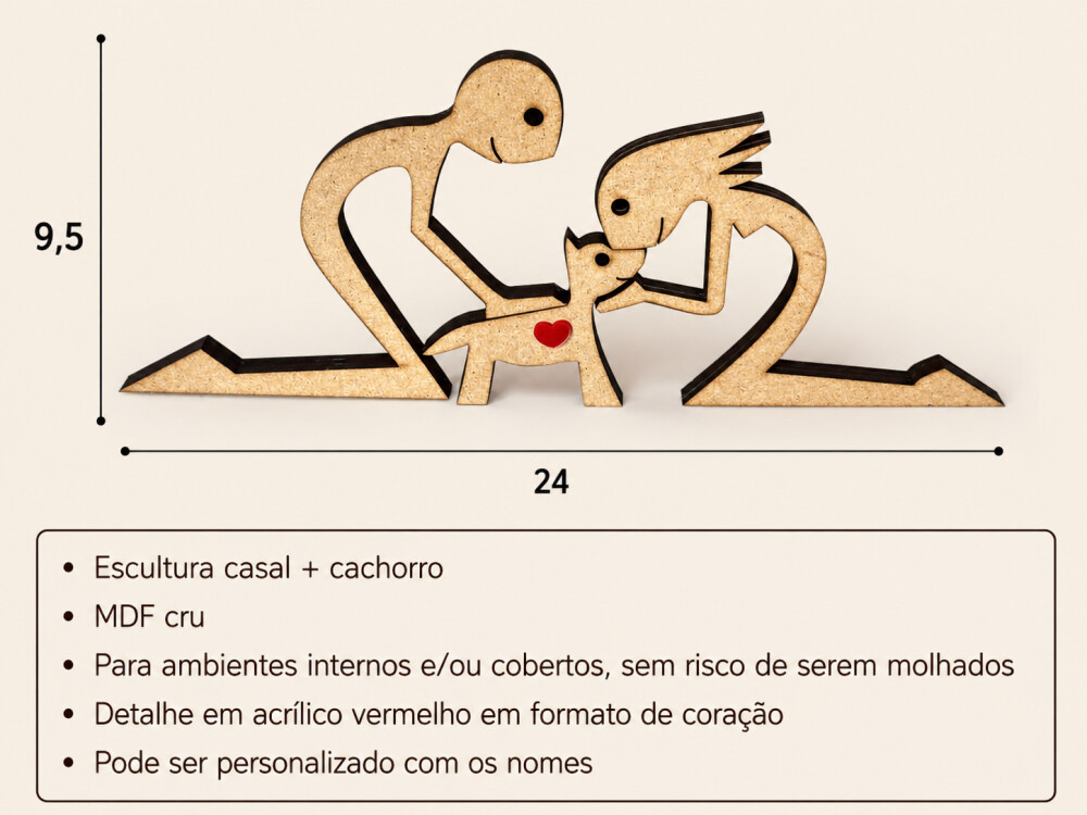 Escultura Família em MDF Personalizada | Casal com Cachorro | Co