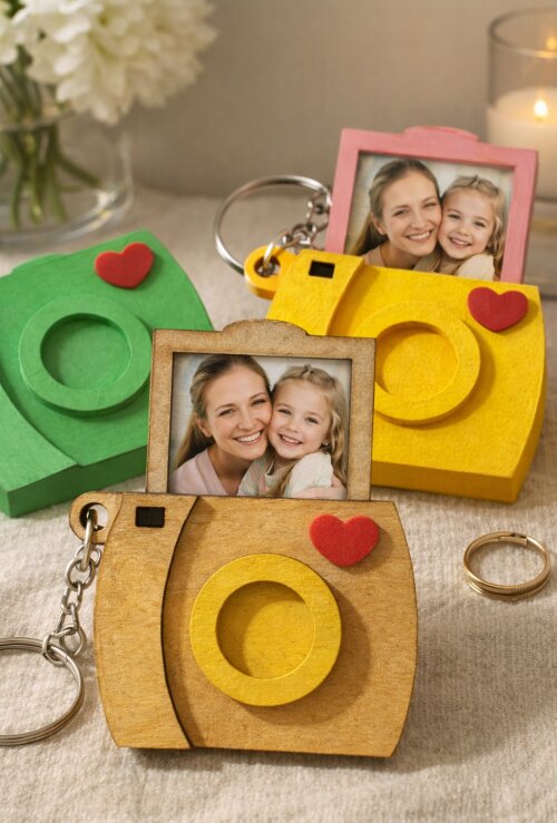 Chaveiro em MDF em formato de camera fotográfica porta retrato