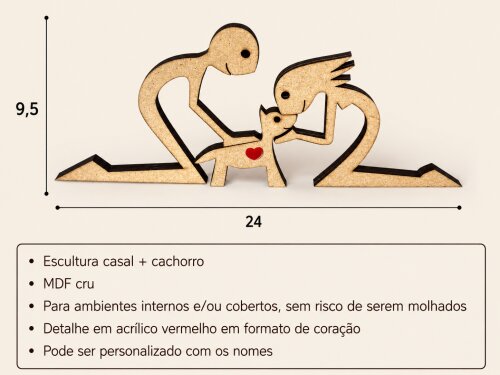 Escultura Família em MDF Personalizada | Casal com Cachorro | Co