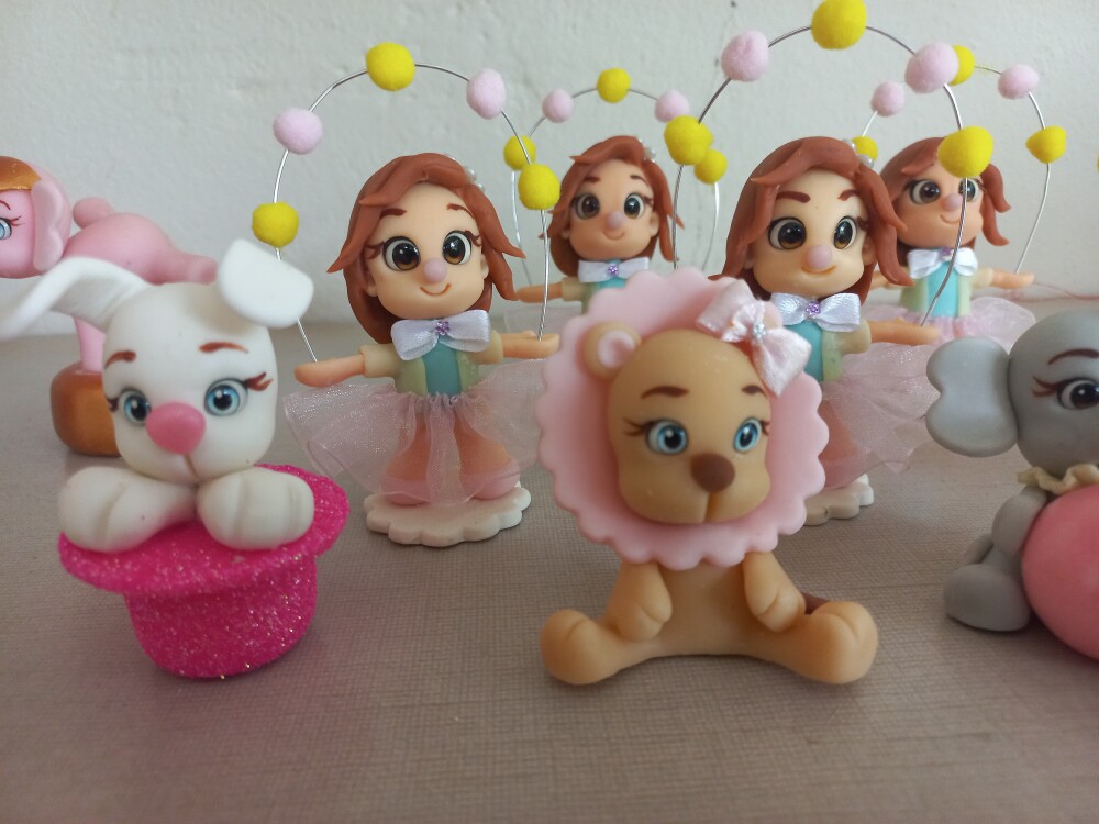 Apliques em Biscuit 3D Circo Rosa. Kit com 5 unidades