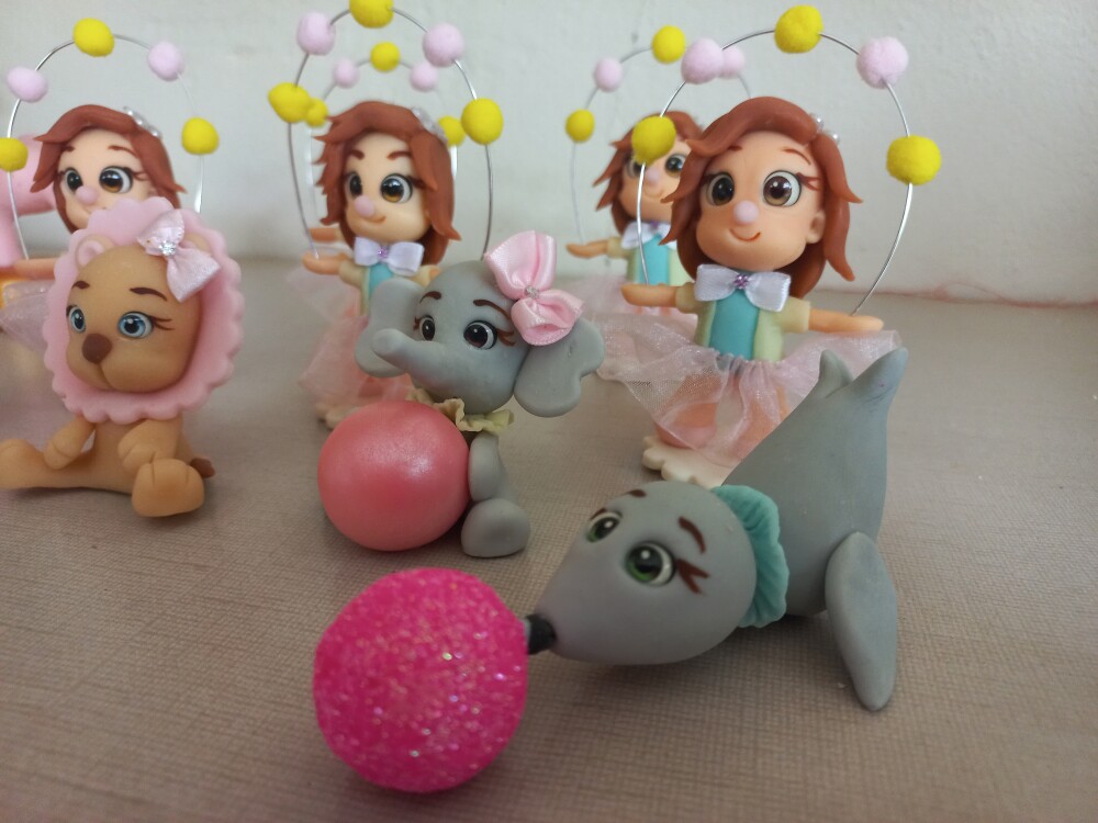 Apliques em Biscuit 3D Circo Rosa. Kit com 5 unidades