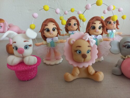 Apliques em Biscuit 3D Circo Rosa. Kit com 5 unidades