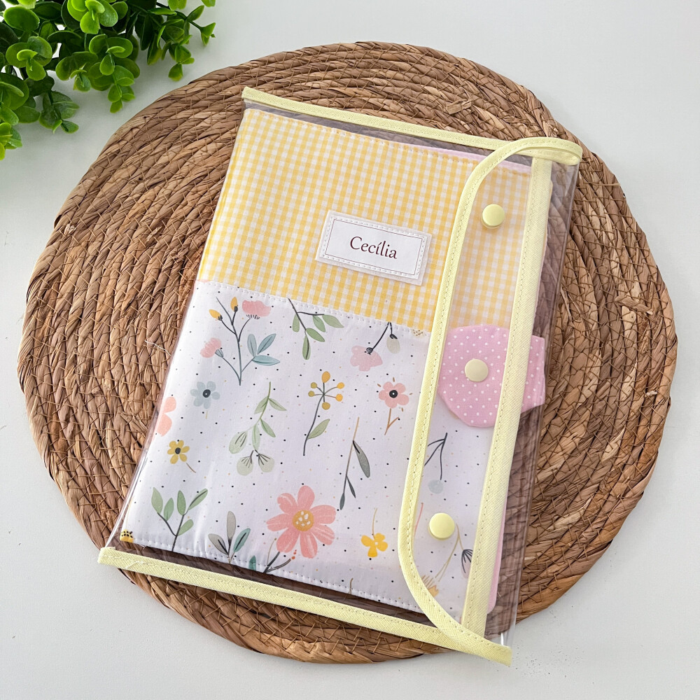 Porta caderneta de vacinação Floral Amarelo Personalizada