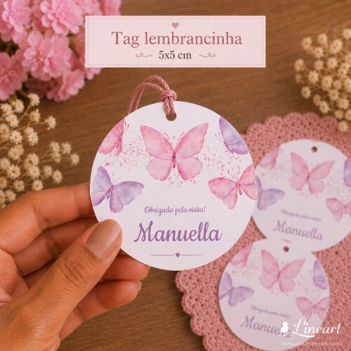 Tag Lembrancinha Maternidade Personalizada Borboleta 5x5 cm