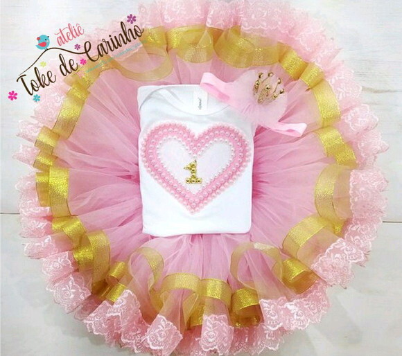 Fantasia tutu Luxo Rosa/Dourado. Tamanho 1 ano