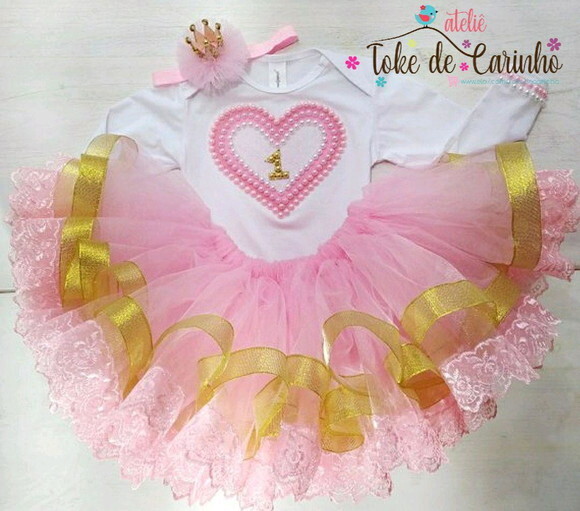 Fantasia tutu Luxo Rosa/Dourado. Tamanho 1 ano