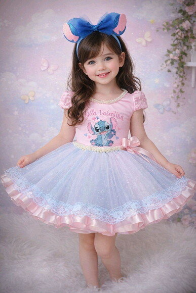 Fantasia "stitch" com Tiara ou Laço. Tamanho 3 até 6 Anos.