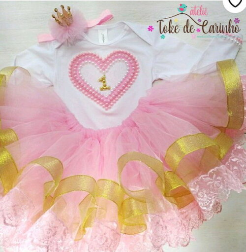 Fantasia tutu Luxo Rosa/Dourado. Tamanho 1 ano