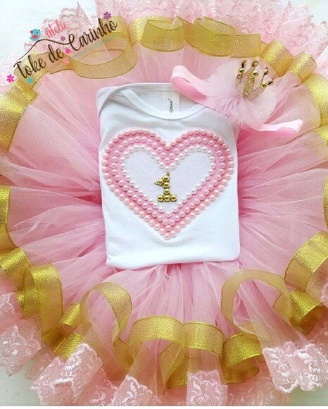Fantasia tutu Luxo Rosa/Dourado. Tamanho 1 ano