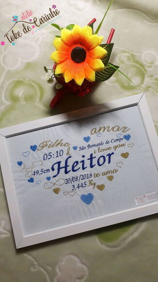 Quadro Dados Nascimento Bebê Bordado.
