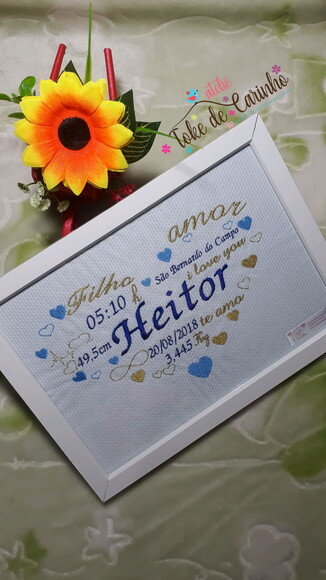 Quadro Dados Nascimento Bebê Bordado.