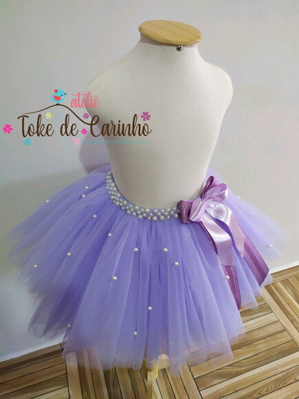 Saia Tutu Lilás Pérolas. Tamanho 1 a 4 Anos.