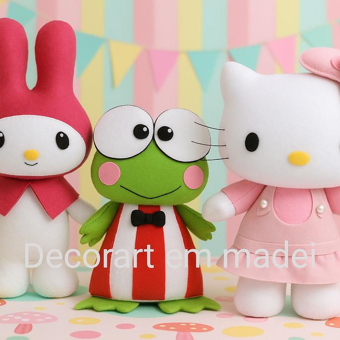 Hello Kitty, Melody e Keroppi Bonecas Decorativas em Feltro